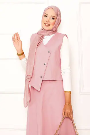 Asimetrik Yelekli Gabardin İkili Etek Takım Pembe - Thumbnail