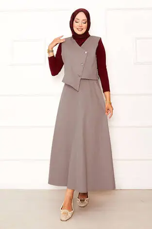 Asimetrik Yelekli Gabardin İkili Etek Takım Vizon - Thumbnail