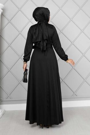 Asmara Kemerli Tesettür Elbise Siyah - Thumbnail