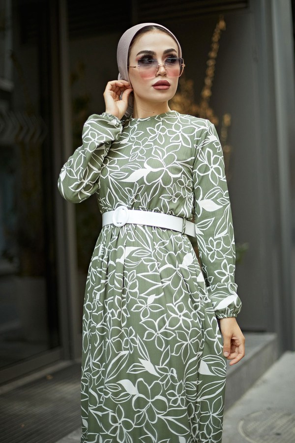  - AVEN Çiçek Desenli Elbise 4445-5 Haki (1)
