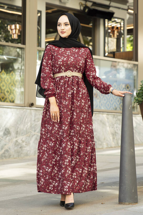 SB - AVEN Çıtır Desen Elbise 180SB-9083 Bordo