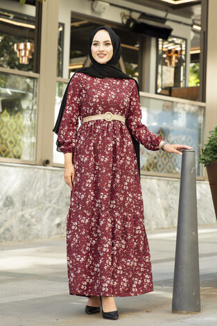 AVEN Çıtır Desen Elbise 180SB-9083 Bordo - Thumbnail