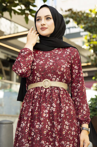AVEN Çıtır Desen Elbise 180SB-9083 Bordo - Thumbnail