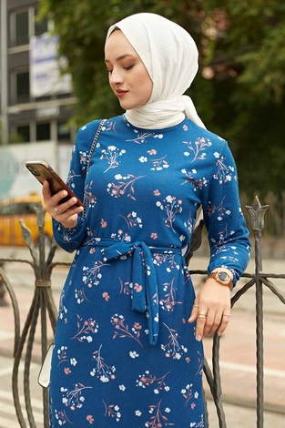 AVEN Çıtır Desen Elbise 2256-3 İndigo - Thumbnail