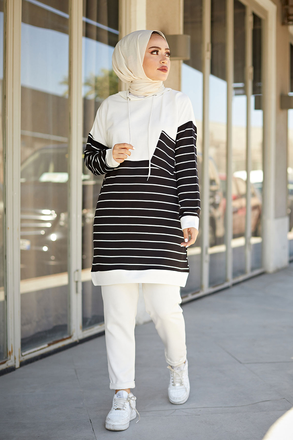  - AVEN Çizgili Kapüşonlu Sweat 7063-1 Beyaz