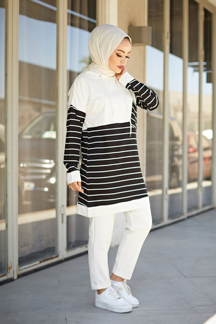 AVEN Çizgili Kapüşonlu Sweat 7063-1 Beyaz - Thumbnail