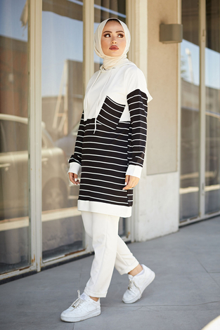 AVEN Çizgili Kapüşonlu Sweat 7063-1 Beyaz - Thumbnail