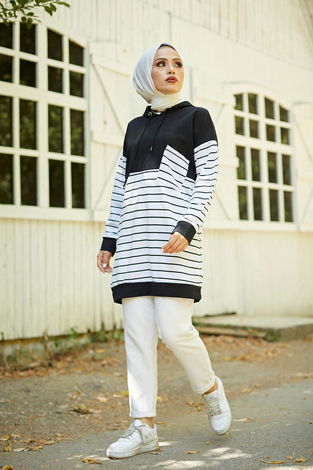 AVEN Çizgili Kapüşonlu Sweat 7063-2 Siyah - Thumbnail