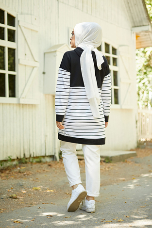 AVEN Çizgili Kapüşonlu Sweat 7063-2 Siyah - Thumbnail