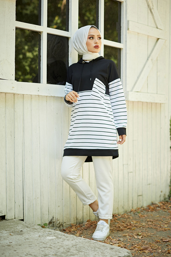  - AVEN Çizgili Kapüşonlu Sweat 7063-2 Siyah