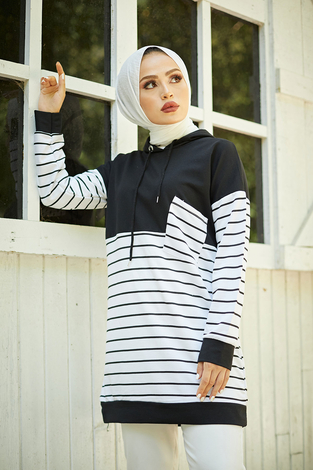 AVEN Çizgili Kapüşonlu Sweat 7063-2 Siyah - Thumbnail