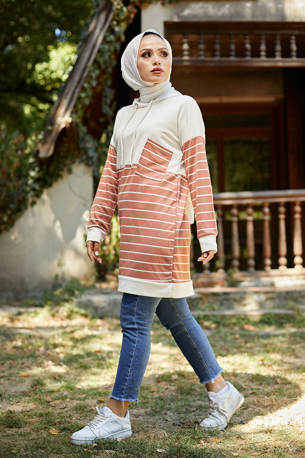 - AVEN Çizgili Kapüşonlu Sweat 7063-3 Somon