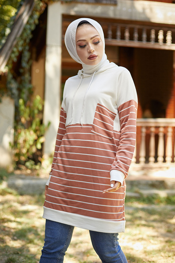  - AVEN Çizgili Kapüşonlu Sweat 7063-3 Somon (1)