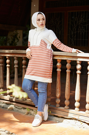 AVEN Çizgili Kapüşonlu Sweat 7063-3 Somon - Thumbnail