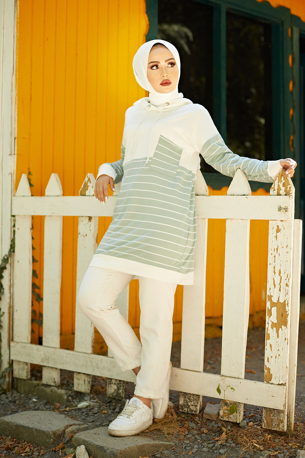  - AVEN Çizgili Kapüşonlu Sweat 7063-4 Mint