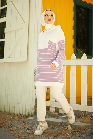 AVEN Çizgili Kapüşonlu Sweat 7063-5 Lila - Thumbnail