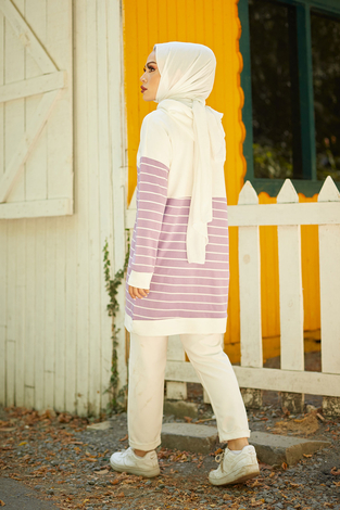 AVEN Çizgili Kapüşonlu Sweat 7063-5 Lila - Thumbnail