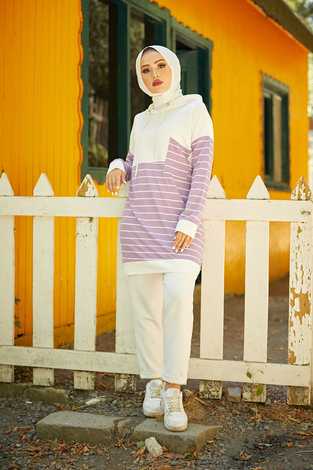AVEN Çizgili Kapüşonlu Sweat 7063-5 Lila - Thumbnail
