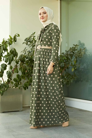 AVEN Dotted Jacquard Dress 17691-1 Khaki - Thumbnail