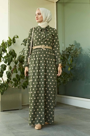 AVEN Dotted Jacquard Dress 17691-1 Khaki - Thumbnail