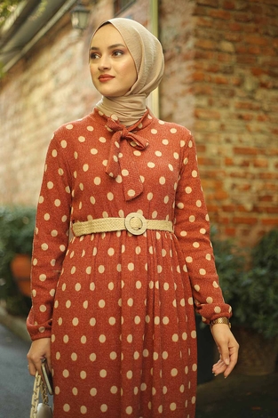 AVEN Dotted Jacquard Dress 17691-3 Brick - Thumbnail