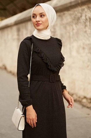 AVEN Fırfırlı Elbise 2252-1 Siyah - Thumbnail