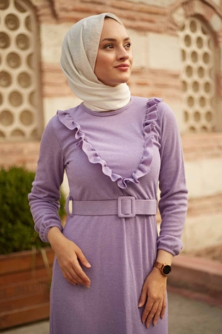AVEN Fırfırlı Elbise 2252-2 Lila - Thumbnail