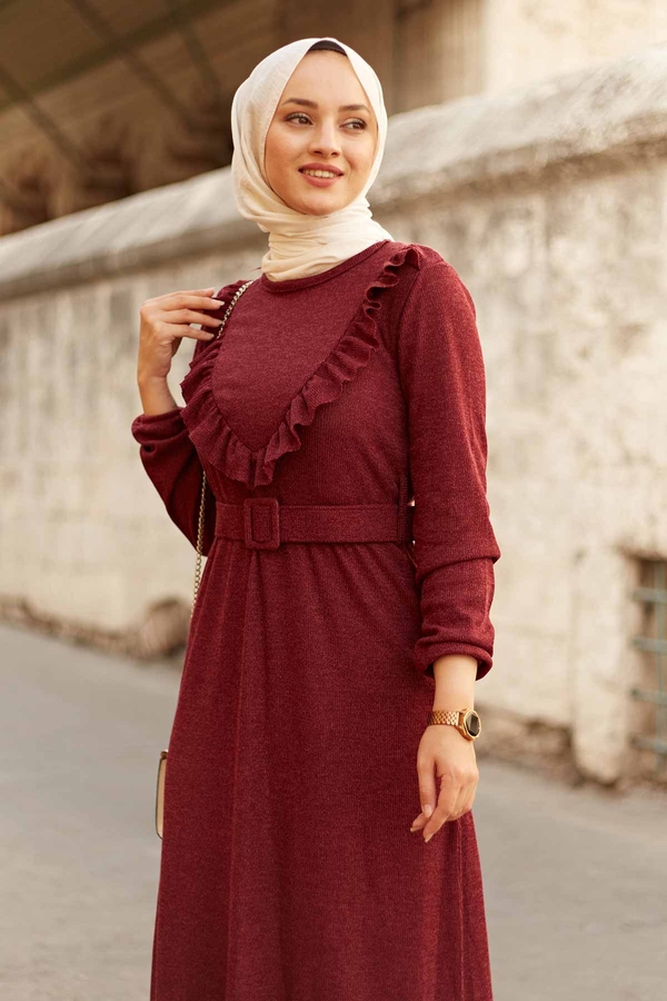  - AVEN Fırfırlı Elbise 2252-5 Bordo (1)