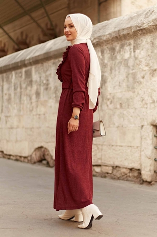 AVEN Fırfırlı Elbise 2252-5 Bordo - Thumbnail