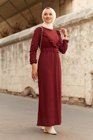 AVEN Fırfırlı Elbise 2252-5 Bordo - Thumbnail