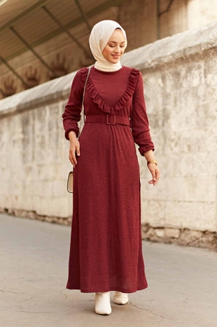 AVEN Fırfırlı Elbise 2252-5 Bordo - Thumbnail