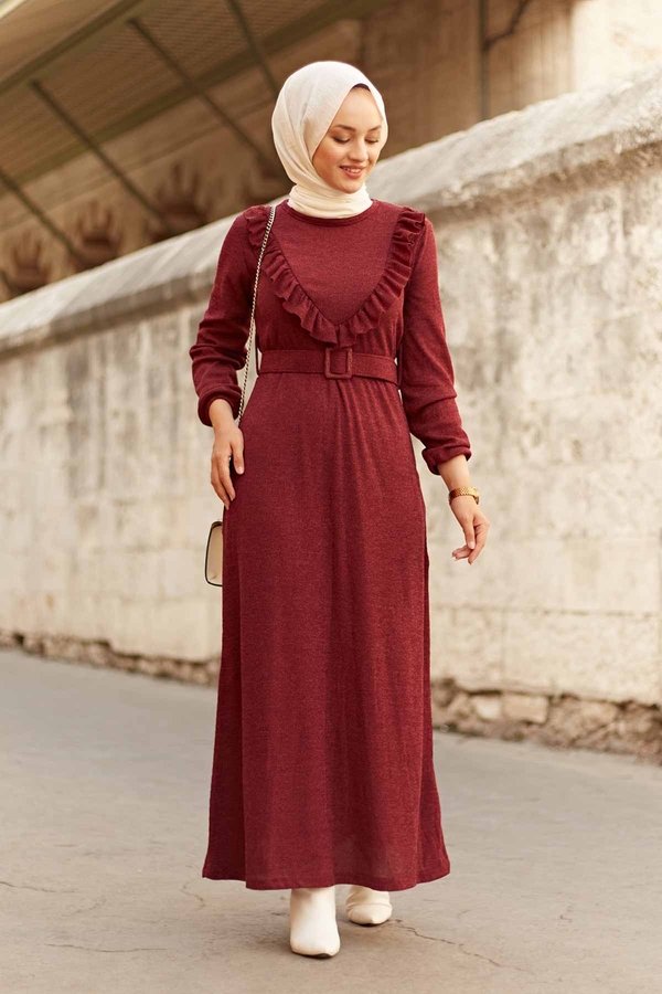  - AVEN Fırfırlı Elbise 2252-5 Bordo