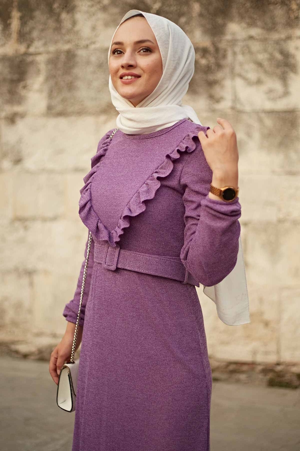  - AVEN Fırfırlı Elbise 2252-6 Koyu Lila (1)