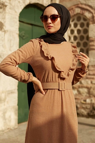 AVEN Fırfırlı Tesettür Elbise 2252-7 Camel - Thumbnail