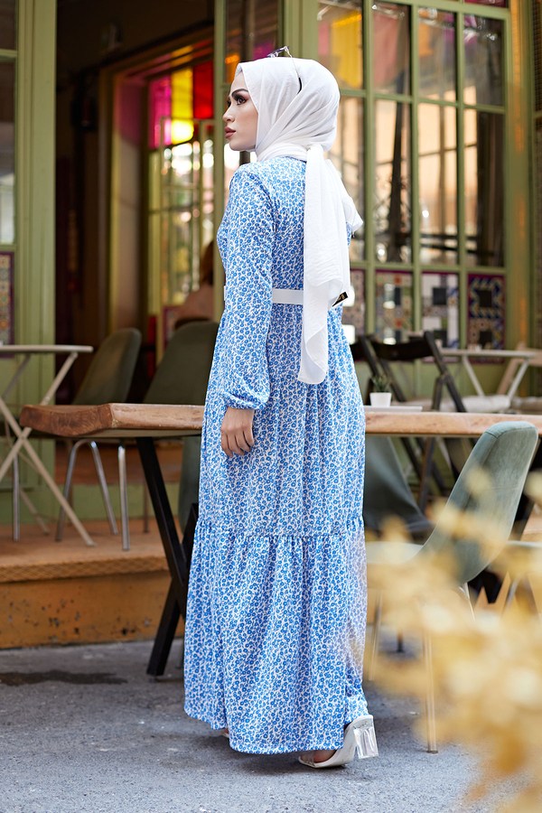 AVEN Kemerli Çiçek Desen Elbise 9457-3 Mavi