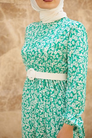 AVEN Kemerli Papatya Desenli Elbise 15943-7 Yeşil - Thumbnail