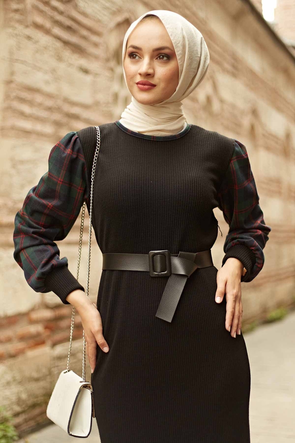  - AVEN Kolu Ekoseli Triko Elbise 1569-1 Siyah (1)