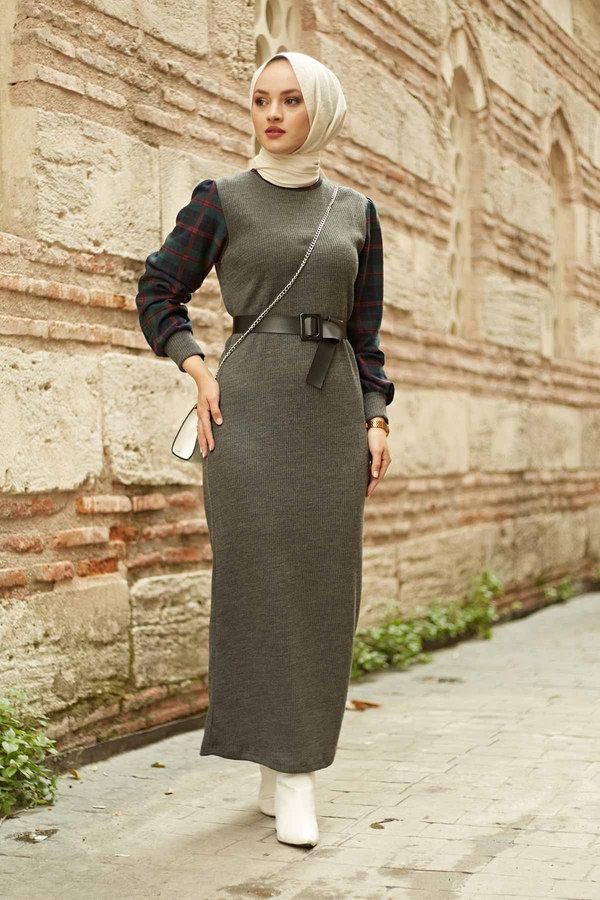  - AVEN Kolu Ekoseli Triko Elbise 1569-4 Antrasit