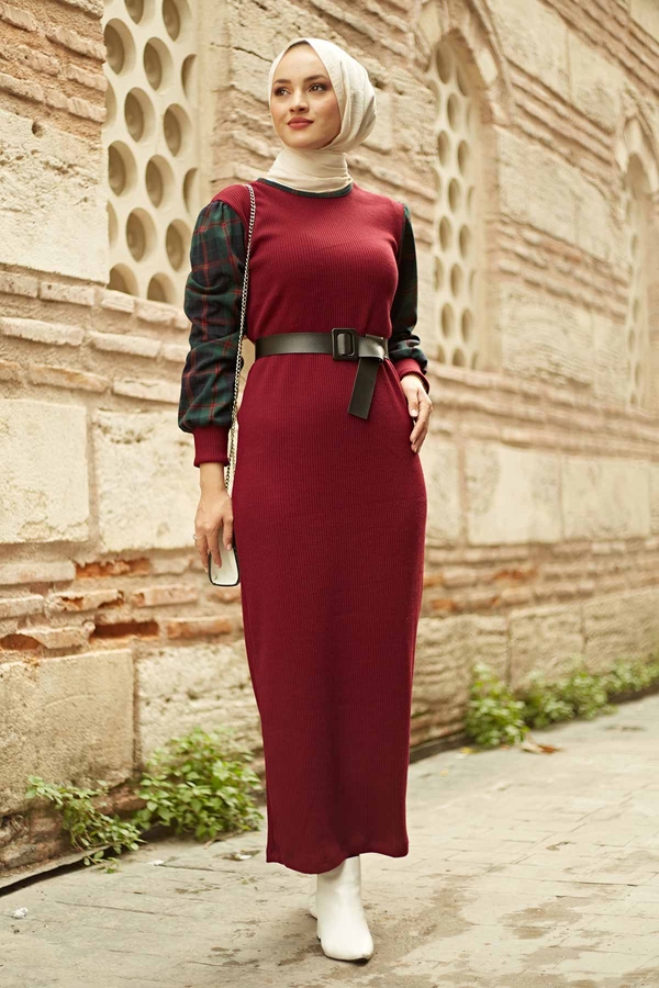  - AVEN Kolu Ekoseli Triko Elbise 1569-5 Bordo