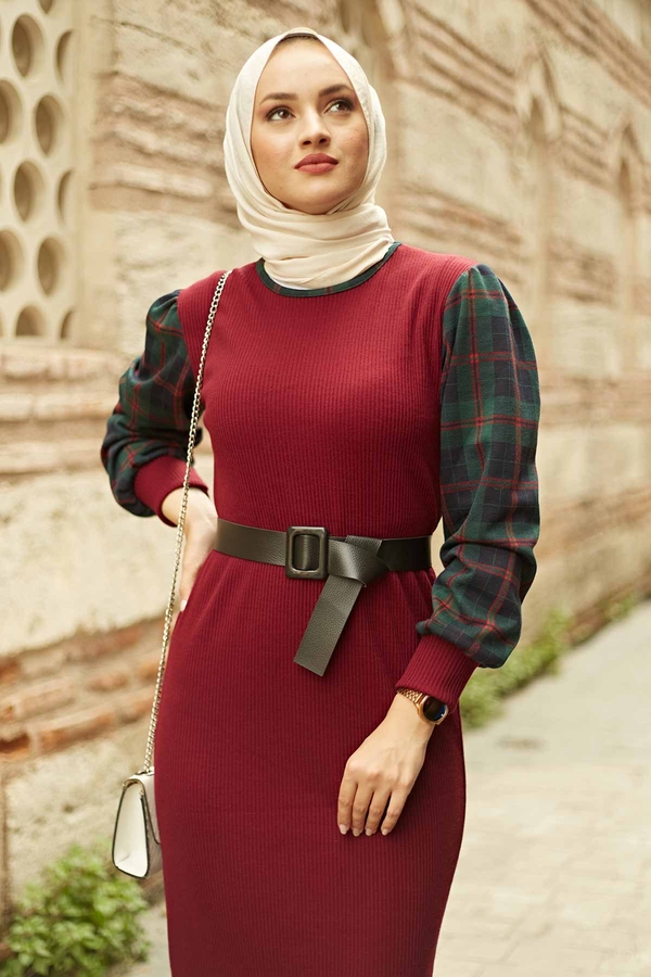  - AVEN Kolu Ekoseli Triko Elbise 1569-5 Bordo (1)