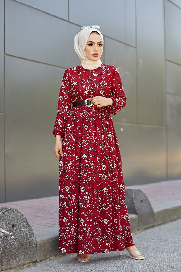 AVEN Siyah Kemerli Lale Elbise 9874-1 Kırmızı AVEN Siyah Kemerli Lale Elbise 9874-1 Kırmızı
