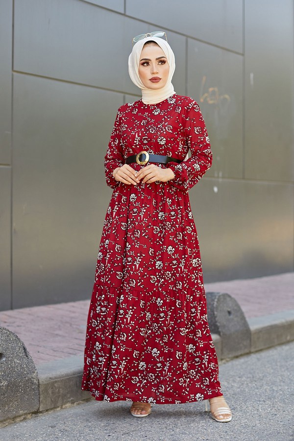  - AVEN Siyah Kemerli Lale Elbise 9874-1 Kırmızı (1)