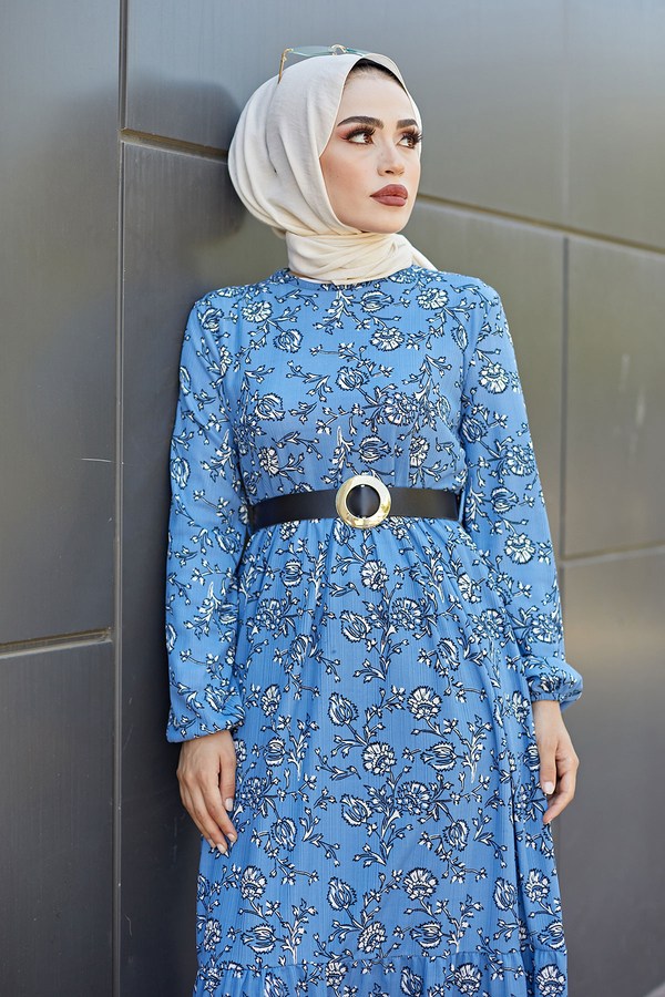  - AVEN Siyah Kemerli Lale Elbise 9874-3 İndigo (1)