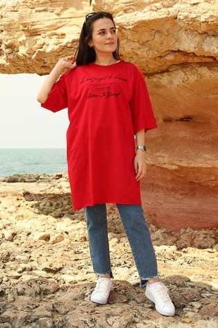 AVEN Yazı Baskılı T-shirt 2352-3 Kırmızı - Thumbnail