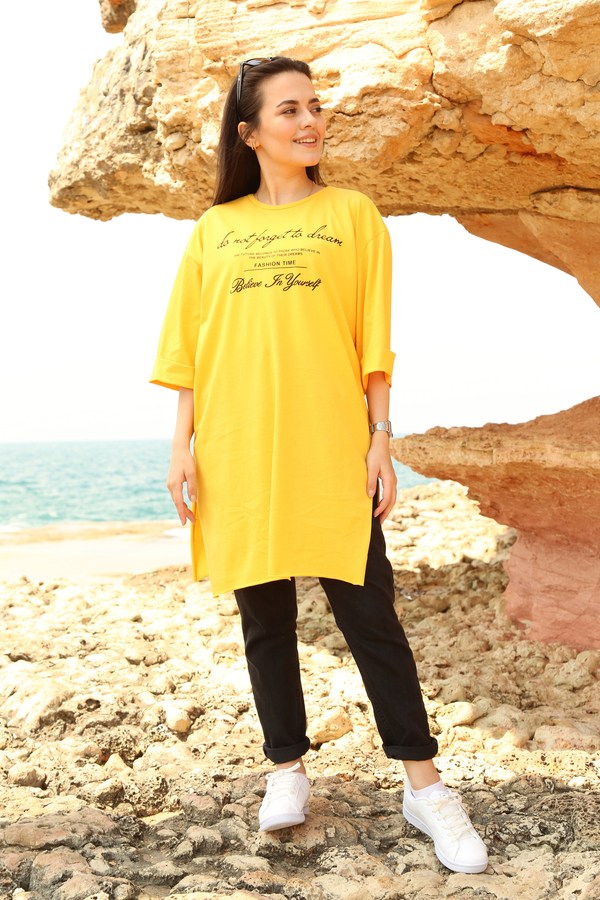 AVEN Yazı Baskılı T-shirt 2352-5 Sarı