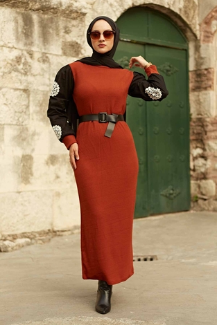 Avenue arm Tulle Triko Dress 1574-2 Brick - Thumbnail