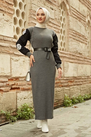Avenue arm Tulle Triko Dress 1574-3 Anthracite color - Thumbnail