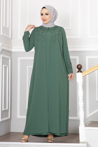 Ayça Taş İşlemeli Tesettür Elbise Çağla Yeşili - Thumbnail