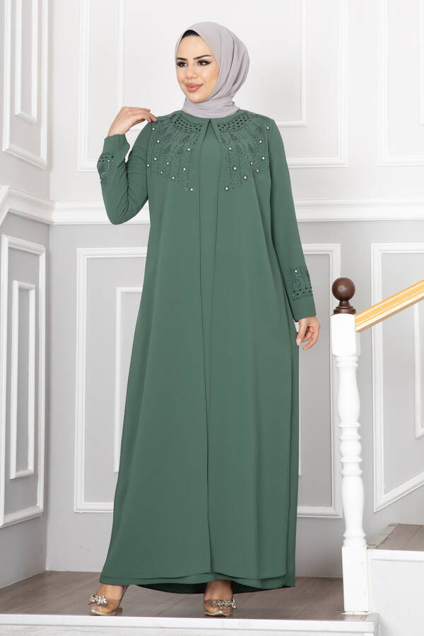 Ayça Taş İşlemeli Tesettür Elbise Çağla Yeşili