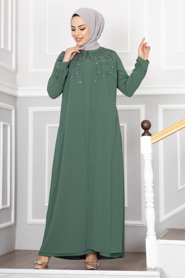 Ayça Taş İşlemeli Tesettür Elbise Çağla Yeşili